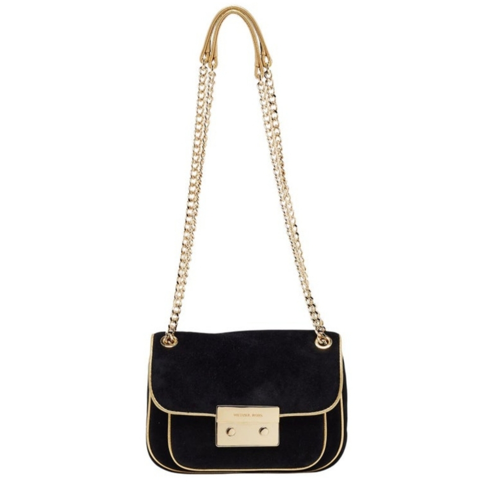 Michael Kors Black/Gold Suede and Leather Small Sloan Shoulder Bag